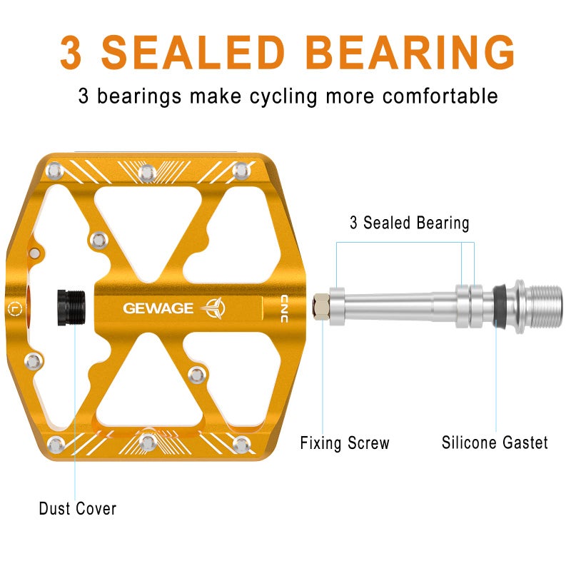 GEWAGE Bike Pedals 9/16 Inch - Bicycle Pedals with Reflectors - 3 Sealed Bearings MTB Pedals Wide Platform Pedals for Mountain Bike, BMX, Road Bike Pedals (Gold) - Image 3